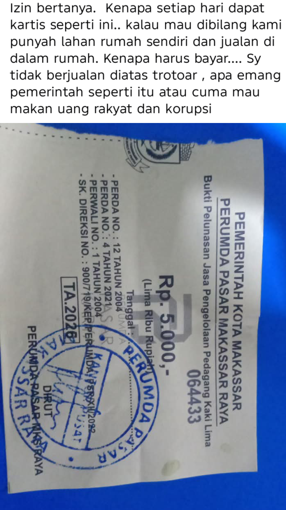 Warga Protes Penarikan Retribusi PKL di Lahan Pribadi, Pertanyakan Transparansi Perumda Pasar Makassar Raya
