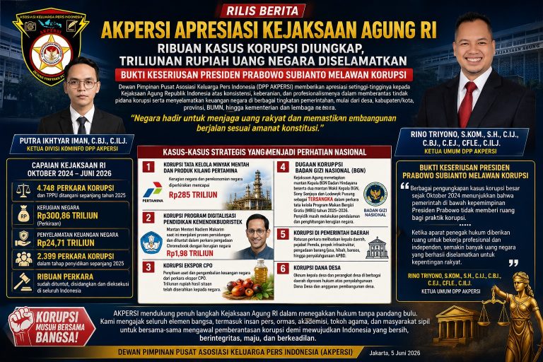 AKPERSI Apresiasi Kejaksaan Agung RI: Dari Desa hingga Pusat, Ribuan Kasus Korupsi Diungkap dan Triliunan Rupiah Uang Negara Diselamatkan di Era Presiden Prabowo