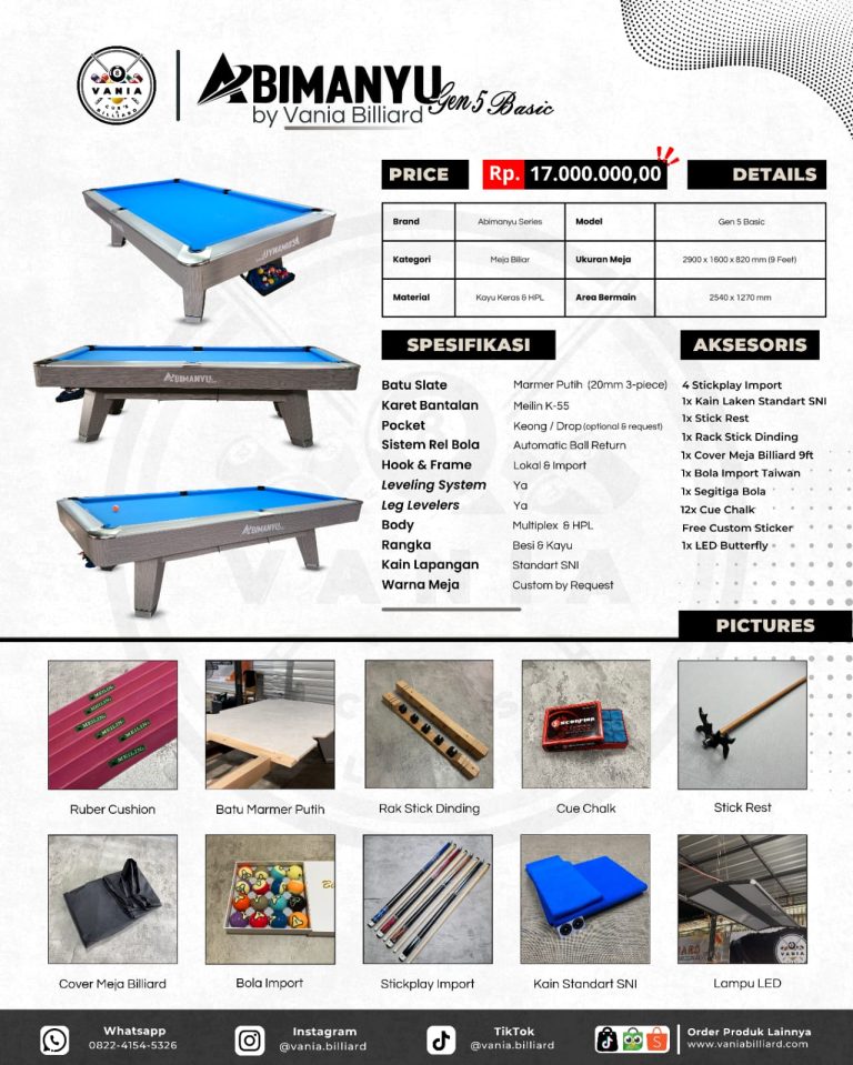 Vania Billiard Hadirkan Abimanyu Gen 5 Basic, Meja Biliar 9 Feet dengan Paket Lengkap